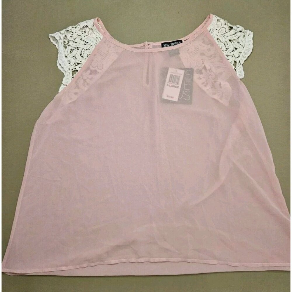 Miss Chievous Juniors Sheer Pink Top W/ White Crochet Cap Sleeves SZ XL NWT